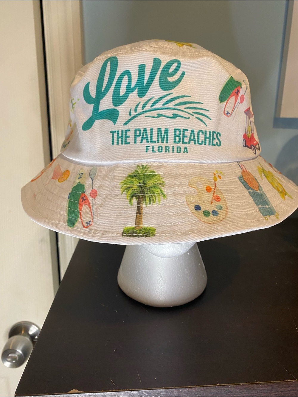 Love White Bucket Hat with Teal "The Palm Beaches" Logo
